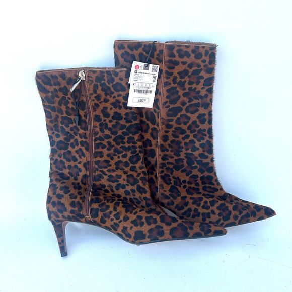 New Zara Pony Hair Leopard Ankle Boots Heel Booties Pointed Toe 41 Size 11 - Picture 1 of 11